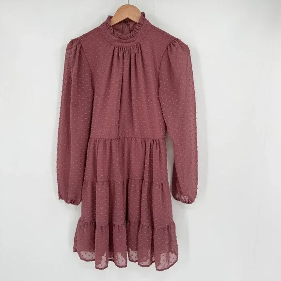 Trixxi Mauve Swiss Dot Tiered Mini Dress High Ruffle Neck Long Sleeve Women's M - Picture 1 of 13